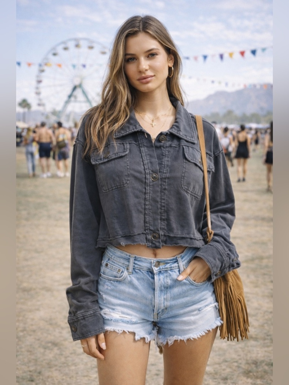 Free People We The Free Saturday Cropped Shacket XL Charcoal Gray Jacket Boho E